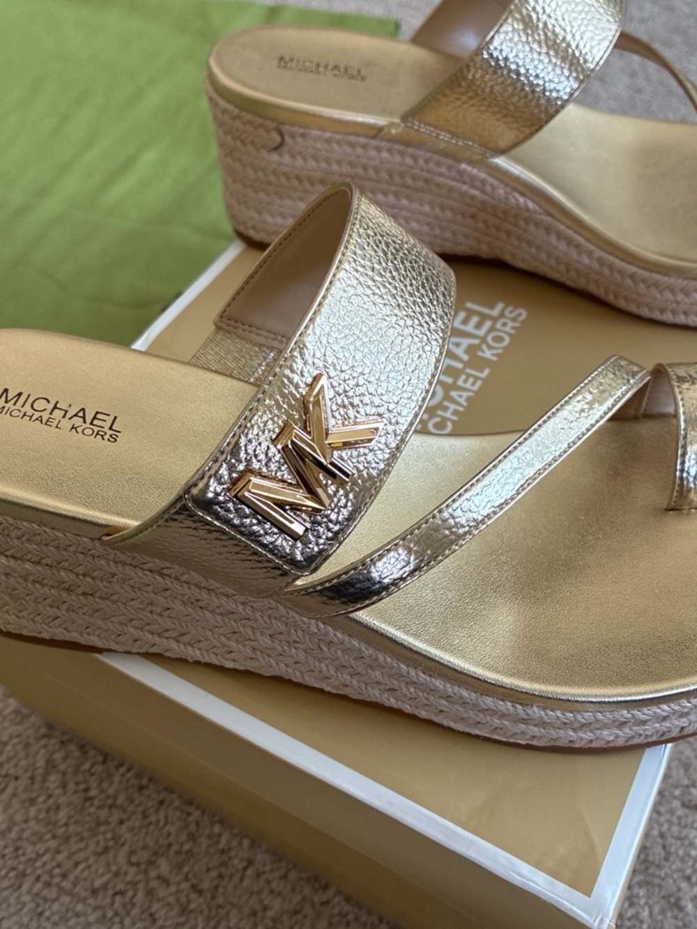 Michael Kors Metallic Gold Espadrille Wedge Slide Sandals